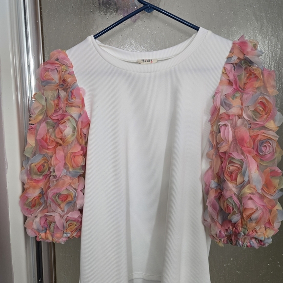 BiBi Tops - BiBi White Top with Multicolor Floral Sleeves